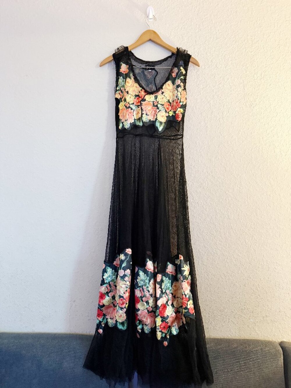 Biya Johnny Was Black Floral Silk Lace Mesh Maxi Dress Size M Romantic Boho